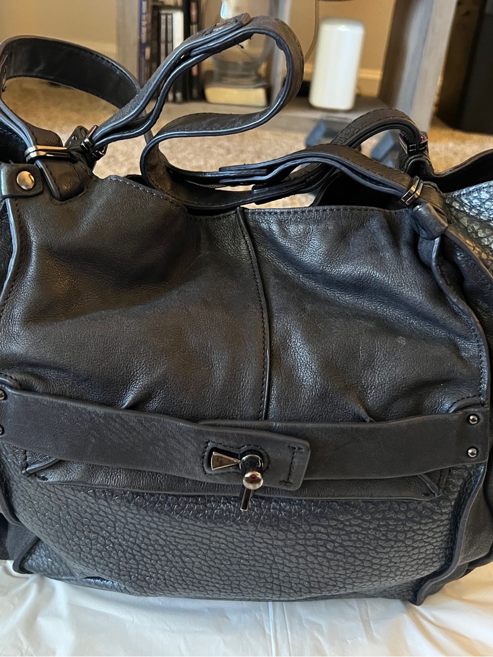 Kooba Black Leather Shoulder Tote with Textured Front Panel